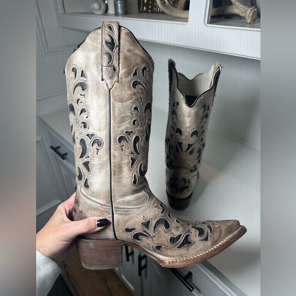 J.B. Dillon Women’s Western Boots 7.5B Tan Cutout Leather Cowboy Vintage Style - Picture 5 of 7